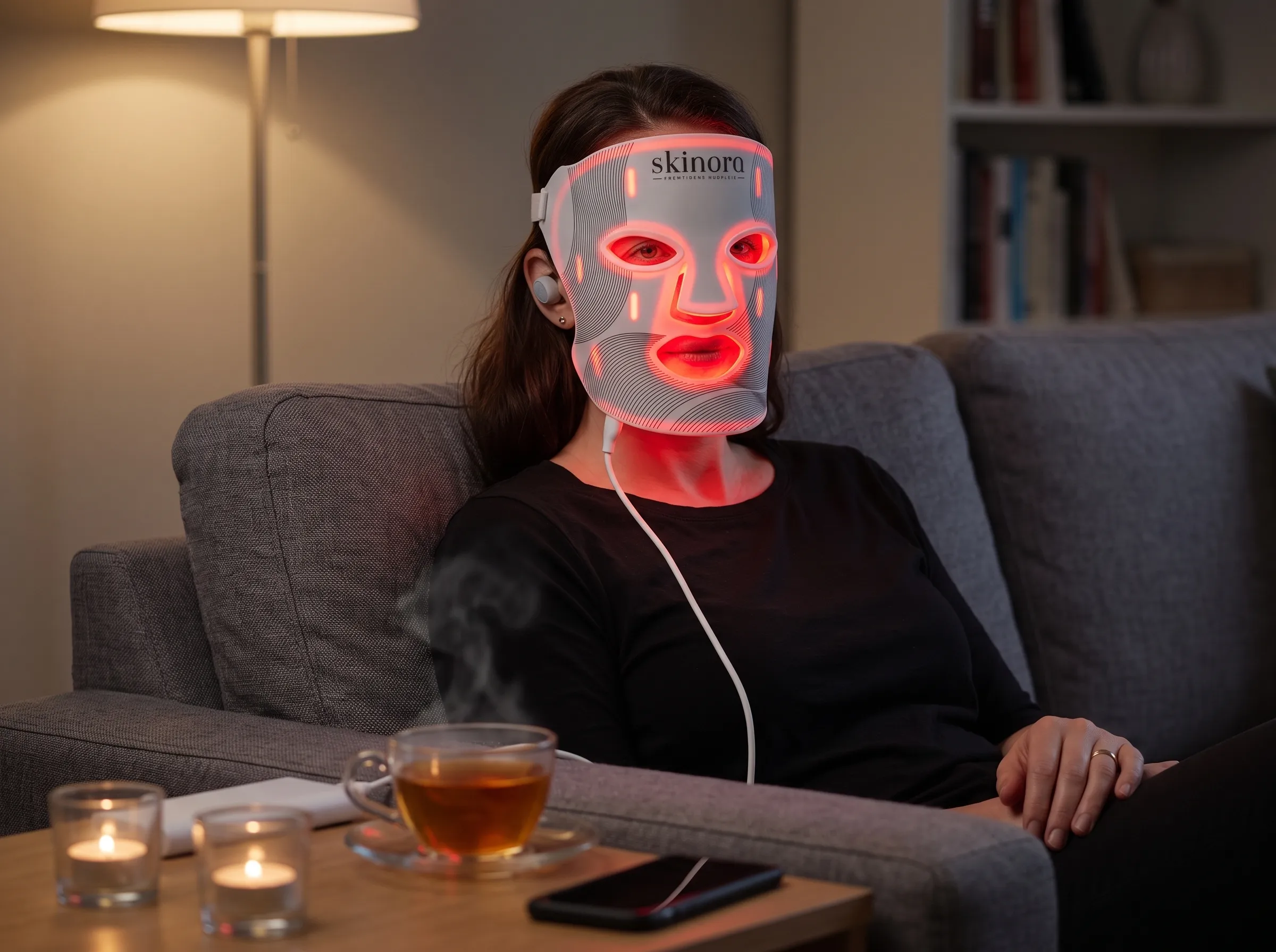 Kvinne med Skinora-masken på, sittende i sofaen med podkast og en kopp te om kvelden.