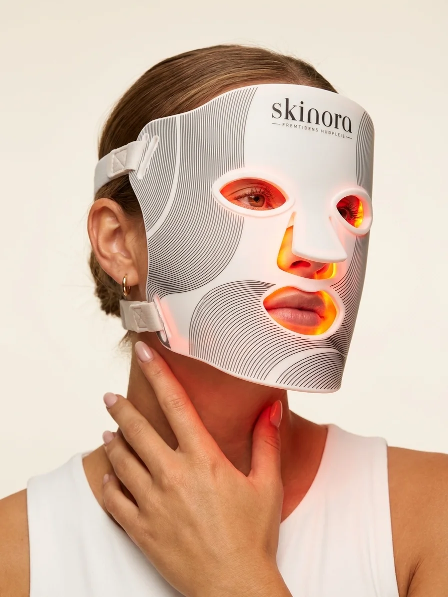 Skinora Radiance Face LED-maske med rødt lys tent, båret av modell.
